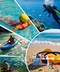 Collage of water activities and Four Pack Waterproof Fanny Pack Set With Adjustable Waist Straps And Dry Pouches, IP68 Waterproof Seal