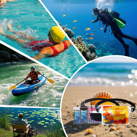 Collage of water activities and Four Pack Waterproof Fanny Pack Set With Adjustable Waist Straps And Dry Pouches, IP68 Waterproof Seal