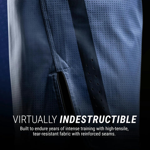 Close-up of fabric detailing on Core Mid Thigh Fight Shorts For NoGi JiuJitsu Blue Medium Freedom Of Movement With Higher Cut And Side Slits.