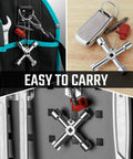 Four Way Sillcock Key With Bit Multi Functional Water Key Cross Key 1 Pack attached to tool bag and keyring.