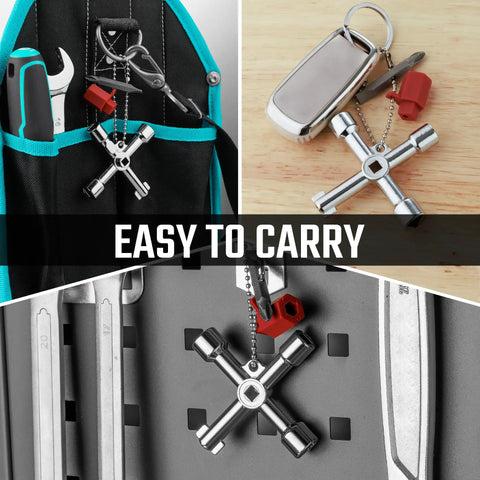 Four Way Sillcock Key With Bit Multi Functional Water Key Cross Key 1 Pack attached to tool bag and keyring.