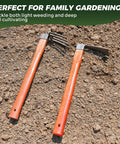 Heavy Duty Garden Tool Set 2 Piece Cultivator Kit With Carbon Steel Hoe And Rake, 15.2 Inch Wooden Handles on soil surface