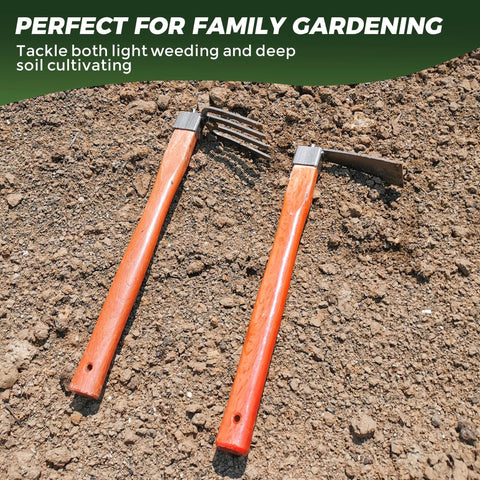 Heavy Duty Garden Tool Set 2 Piece Cultivator Kit With Carbon Steel Hoe And Rake, 15.2 Inch Wooden Handles on soil surface