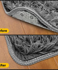 Before and after using 8 Pack Non Slip Rug Grippers For Hardwood Floors Washable And Reusable Carpet Tape That Keeps Rugs Flat