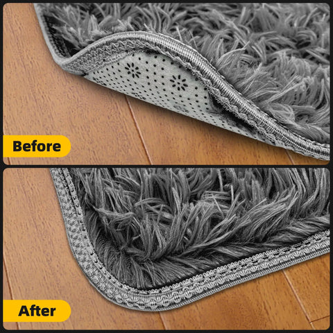 Before and after using 8 Pack Non Slip Rug Grippers For Hardwood Floors Washable And Reusable Carpet Tape That Keeps Rugs Flat