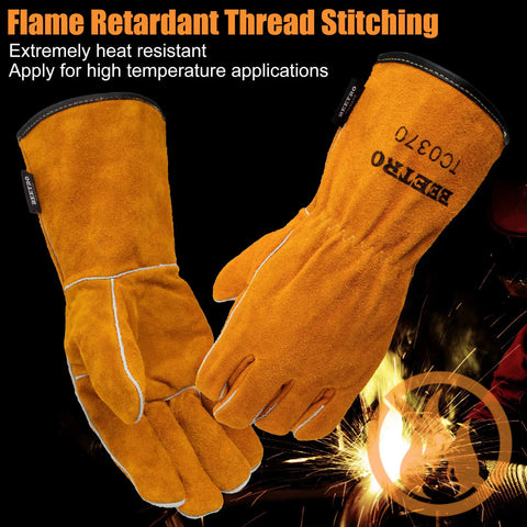Cowhide Welding Gloves Set, 2 Pairs, Heavy Duty Workhorse Mitts For Forge, MIG, TIG And Stick Welding, Flame Retardant With Soft Lining