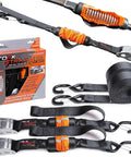 Self Tensioning Tie Down Straps 14 Ft X 1.5 In, 2 Pack With Load Adaptive Tech, shown with integrated hooks and soft loops.