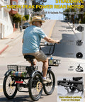 Powerful 1000W Peak Electric Trike For Adults Folding 20-Inch Three-Wheel E-Trike With Step-Through Frame Removable 624Wh Battery Large Basket Black Cruiser Pro For City Streets And Light Trails, rider on street