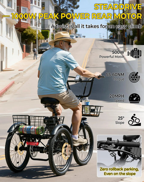 Powerful 1000W Peak Electric Trike For Adults Folding 20-Inch Three-Wheel E-Trike With Step-Through Frame Removable 624Wh Battery Large Basket Black Cruiser Pro For City Streets And Light Trails, rider on street