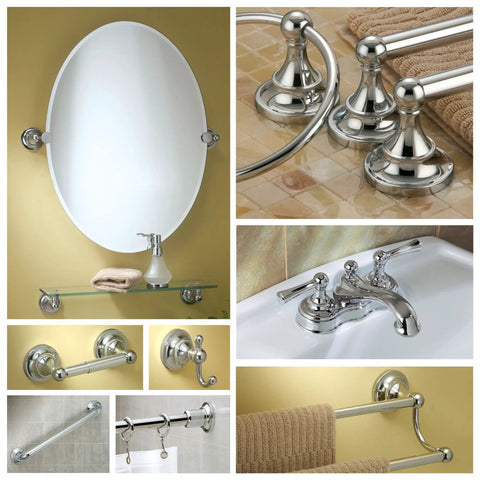 Collage of bathroom accessories featuring chrome finishes, including round mirror, faucets, and towel bars for luxury bath upgrade.