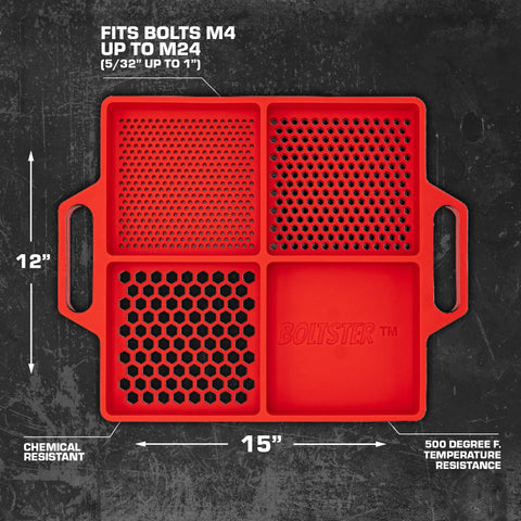 Red Silicone Fastener Tray For Bolts, Nuts, And Bits With Handy Handle, showing compartments and size dimensions.