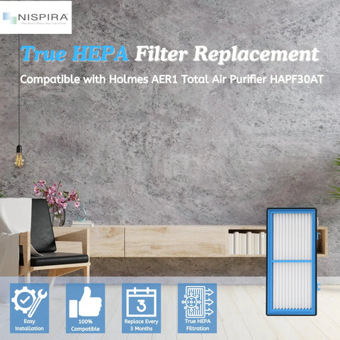 4 Pack Replacement HEPA Filter For Holmes AER1 Total Air Purifier HAPF30AT displayed with modern room setting