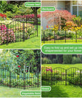 Installed Rustproof 10 Pack Garden Fence Set, 17 Inch High Arched Metal Animal Barrier For Flower Beds, showing use in different settings.