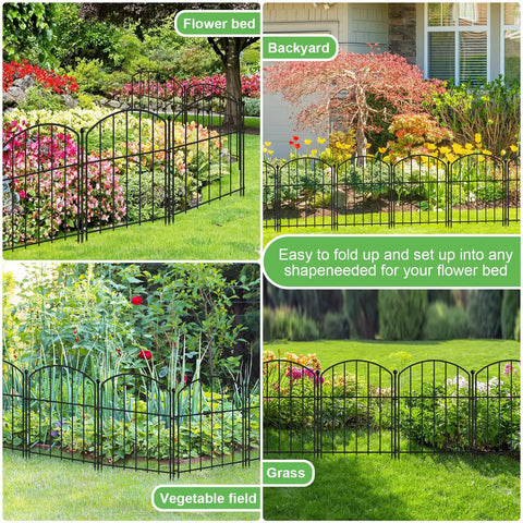 Installed Rustproof 10 Pack Garden Fence Set, 17 Inch High Arched Metal Animal Barrier For Flower Beds, showing use in different settings.