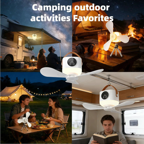 Rechargeable Portable Ceiling And Desk Fan With Light And Remote 11 Inch Camping RV Tent Fan shown in various outdoor settings.