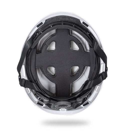 Interior view of Hi Viz Safety Helmet Zenith X ANSI Compliant White With Adaptive Fit System DRY Plus Moisture Wicking Fabric Internal Layer.