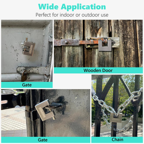 Stainless Steel D Shaped Padlock With Key For Garage Doors Containers Sheds Lockers And Warehouses All Weather Built Tough Heavy Duty Security Pack Of Four Keyed Alike Three And One Eighth Inch Shackle securing gates, wooden doors, and chains