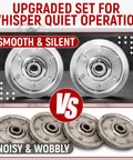 Comparison of Heavy Duty Garage Door Pulley And Cable Kit With 4 Low Noise Pulleys, new silent vs old noisy wheels.