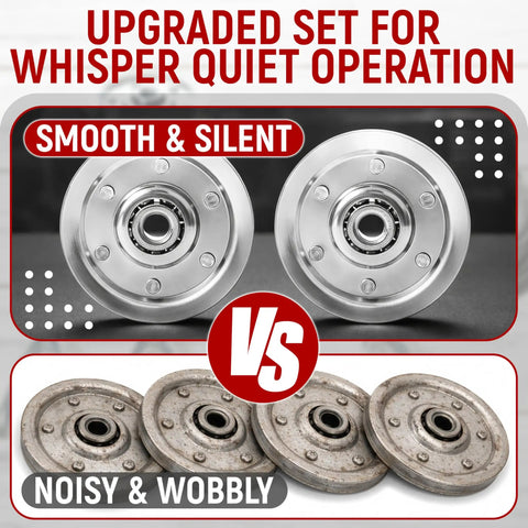 Comparison of Heavy Duty Garage Door Pulley And Cable Kit With 4 Low Noise Pulleys, new silent vs old noisy wheels.