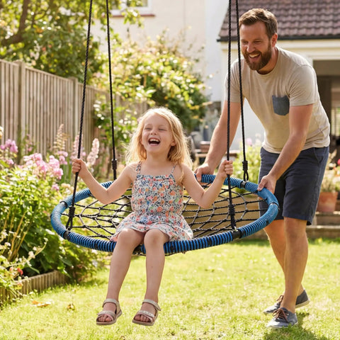 Child on 40 Inch Spider Web Saucer Swing With 750Lb Capacity For Kids Outdoor Backyard Playground, adult assisting