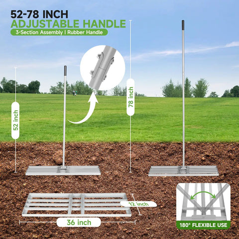Heavy Duty Galvanized Lawn Leveling Rake With 36 By 12 Inch Wide Rack Head And Extendable 52 To 78 Inch Handle demonstration