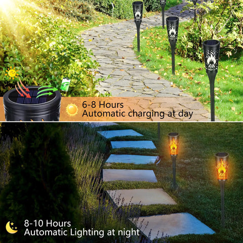 Super Cool Solar Torch Lights Outdoor Six Pack With Realistic Dancing Flickering Flames Super Waterproof Design in garden and pathway setting