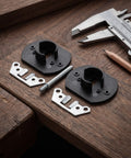 Five Set Pin Style Sectional Couch Connectors for Sofa Bed and Modular Sections Replacement Brackets shown with measurement tools