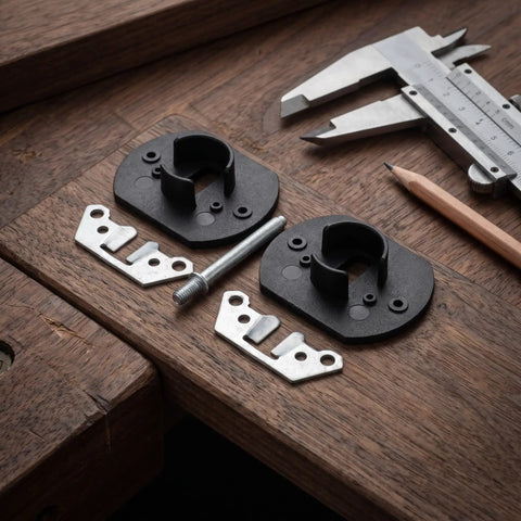 Five Set Pin Style Sectional Couch Connectors for Sofa Bed and Modular Sections Replacement Brackets shown with measurement tools