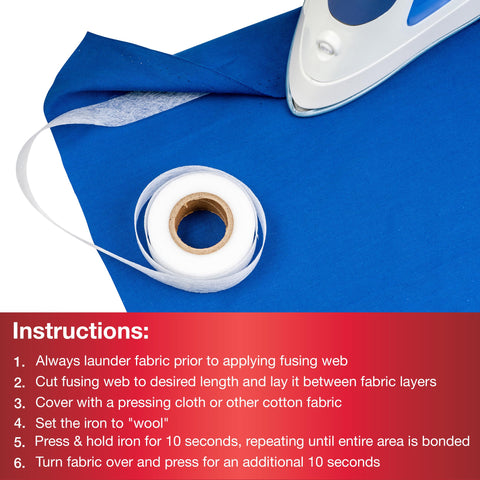 Heavy Duty Iron-On Fusing Web Fabric Adhesive, 3/4 Inch by 8 Yards roll next to iron on blue fabric, ideal for garment repairs.