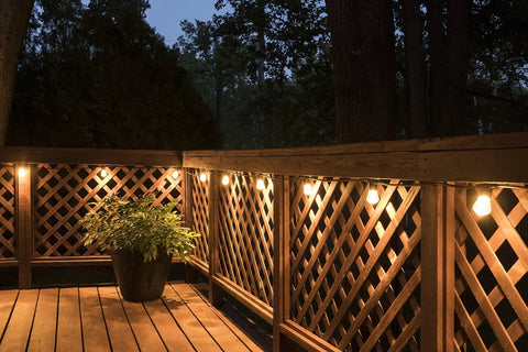 Backyard Bistro Style 24 Foot Outdoor String Lights With 12 Shatter Resistant Lifetime Bulbs, 2200K Warm White on wooden deck