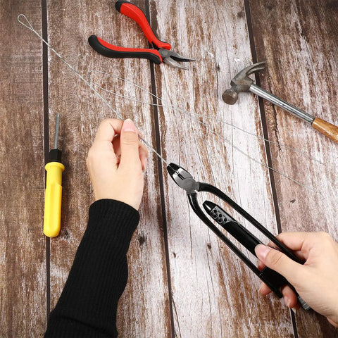Using All In One 9 Inch Safety Wire Twisting Pliers With 10 Meters Of 0.5mm Wire on wooden surface with tools.