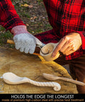 High Carbon Steel Right Handed Hook Knife For Wood Carving Spoon Gouging With Killer Sharp Edge Rugged Oak Handle Pro Whittling Tool For Bowls And Weekend Projects, held in hand using oak bowl.
