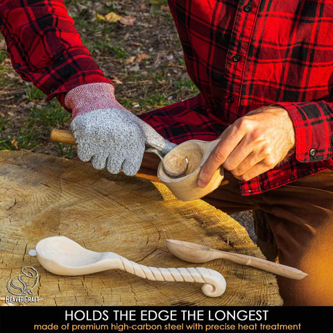 High Carbon Steel Right Handed Hook Knife For Wood Carving Spoon Gouging With Killer Sharp Edge Rugged Oak Handle Pro Whittling Tool For Bowls And Weekend Projects, held in hand using oak bowl.
