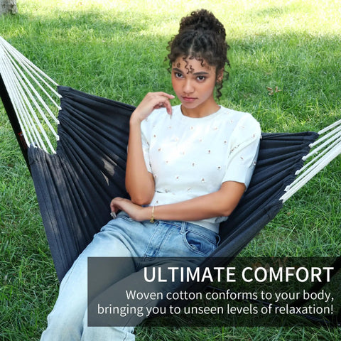 Person relaxing on 2 In 1 Hammock With Stand Portable Hammock And Swing Chair No Tools Assembly Carry Bag Indoor Outdoor Use For Patio Garden