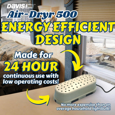Air-Dryr 500 Marine Dehumidifier in RV, energy efficient design, beige polycarbonate housing on table by window.