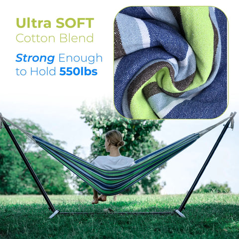 Double Camping Hammock With Steel Stand And Carrying Bag Adjustable Height Ultra Soft Cotton Blend 550 Pound Capacity