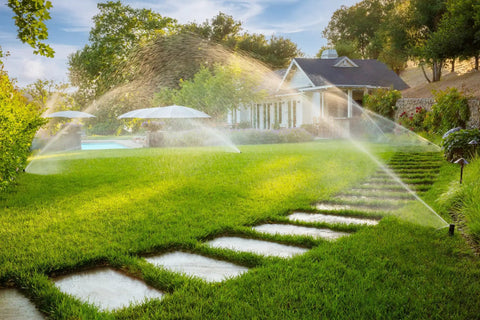 Lawn being watered by PGP Ultra Rotor Sprinkler Head With 4 Inch Pop Up And 3 Quarter Inch Inlet Pressure Regulated Body