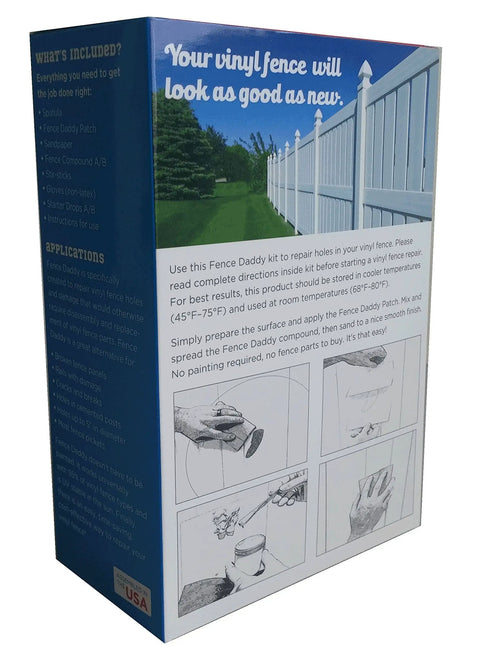Product packaging for All In One Vinyl Fence Post Repair Kit For A Quick, No Fuss Fix Of Holes And Cracks, showing instructions.