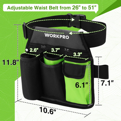 Five-Pocket Garden Tool Belt With Adjustable Go-To Waist Strap For Women showing dimensions and pocket sizes
