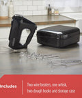 Six Speed Easy Storage Hand Mixer With Five Attachments And Case No Fuss Cleanup Lightweight Ergonomic Design shown with case and tools