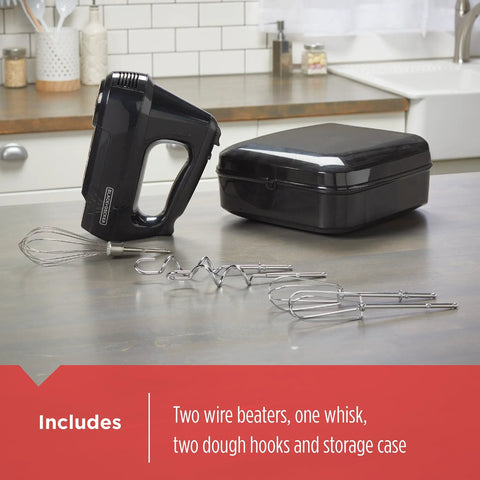 Six Speed Easy Storage Hand Mixer With Five Attachments And Case No Fuss Cleanup Lightweight Ergonomic Design shown with case and tools