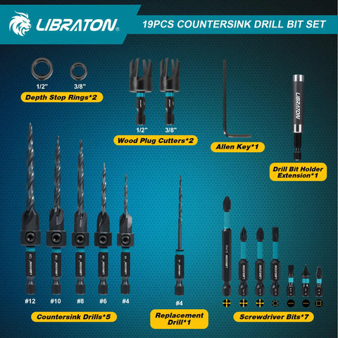 19 Piece Countersink Drill Bit Set for Woodworking with Tapered Bits, Plug Cutters, Hex Shank, Extension, and Case by Libraton