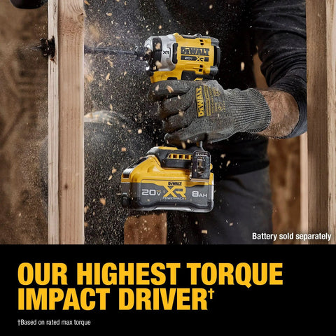 20V Max XR Cordless Impact Driver Bare Tool With 1 Quarter Inch Hex Chuck High Torque Beast in action on wood frame