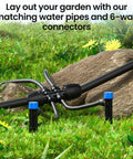 50 Ft 1/2 Inch Drip Irrigation Tubing Kit With 4 Quick Connectors And 4-Way Connector laid out in garden landscape