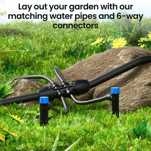50 Ft 1/2 Inch Drip Irrigation Tubing Kit With 4 Quick Connectors And 4-Way Connector laid out in garden landscape