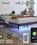 Modern Queen Platform Bed Frame Featuring Smart Rgb Led Lights And Usb Charging Station with a child relaxing on the bed.