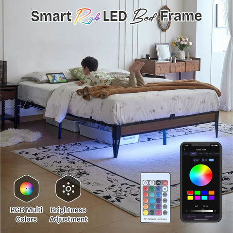 Modern Queen Platform Bed Frame Featuring Smart Rgb Led Lights And Usb Charging Station with a child relaxing on the bed.