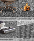 20 Pack Commercial Carpet Tiles 20x20 Inches Reusable Carpet Squares With Stickers PVC Backed Floor Tiles For Home Office Light Gray No Slip Waterproof Durable Easy Install DIY Friendly And Large Coverage, showing durability and flame resistance with chair wheels, fire test, vacuum cleaning, and PVC bottom.
