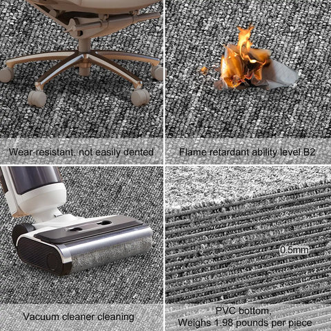 20 Pack Commercial Carpet Tiles 20x20 Inches Reusable Carpet Squares With Stickers PVC Backed Floor Tiles For Home Office Light Gray No Slip Waterproof Durable Easy Install DIY Friendly And Large Coverage, showing durability and flame resistance with chair wheels, fire test, vacuum cleaning, and PVC bottom.