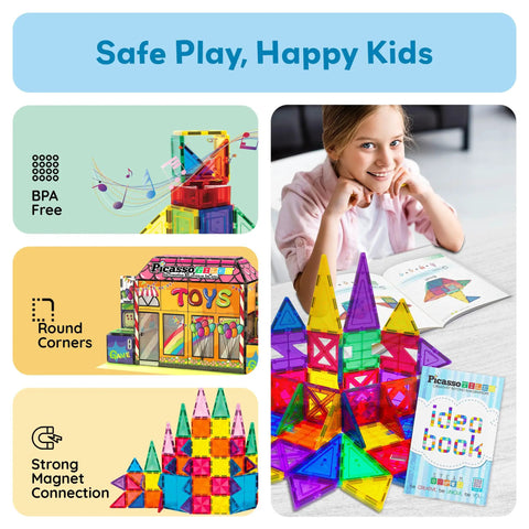 Magnetic Tile Idea Book With 300 Builds, 230 Page Illustrated Guide For Kids Ages 3 And Up, Includes Magnet Race Tracks And Marble Runs To Boost Creative Stem Play And Colorful Tile Creations, book cover with child and magnetic tiles